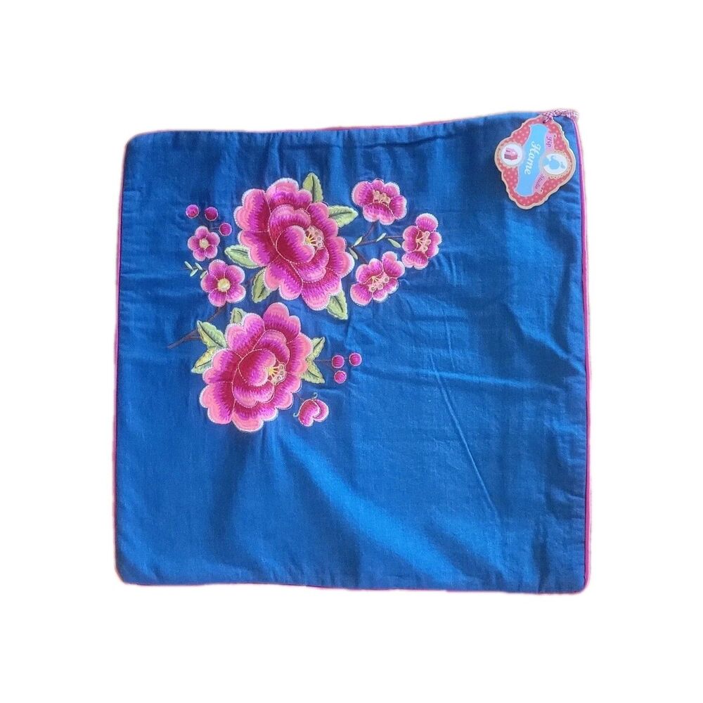 PIP STUDIOS Anthropologie Square Pillow Cover Pink Flowers On Demin 20x20 NWT